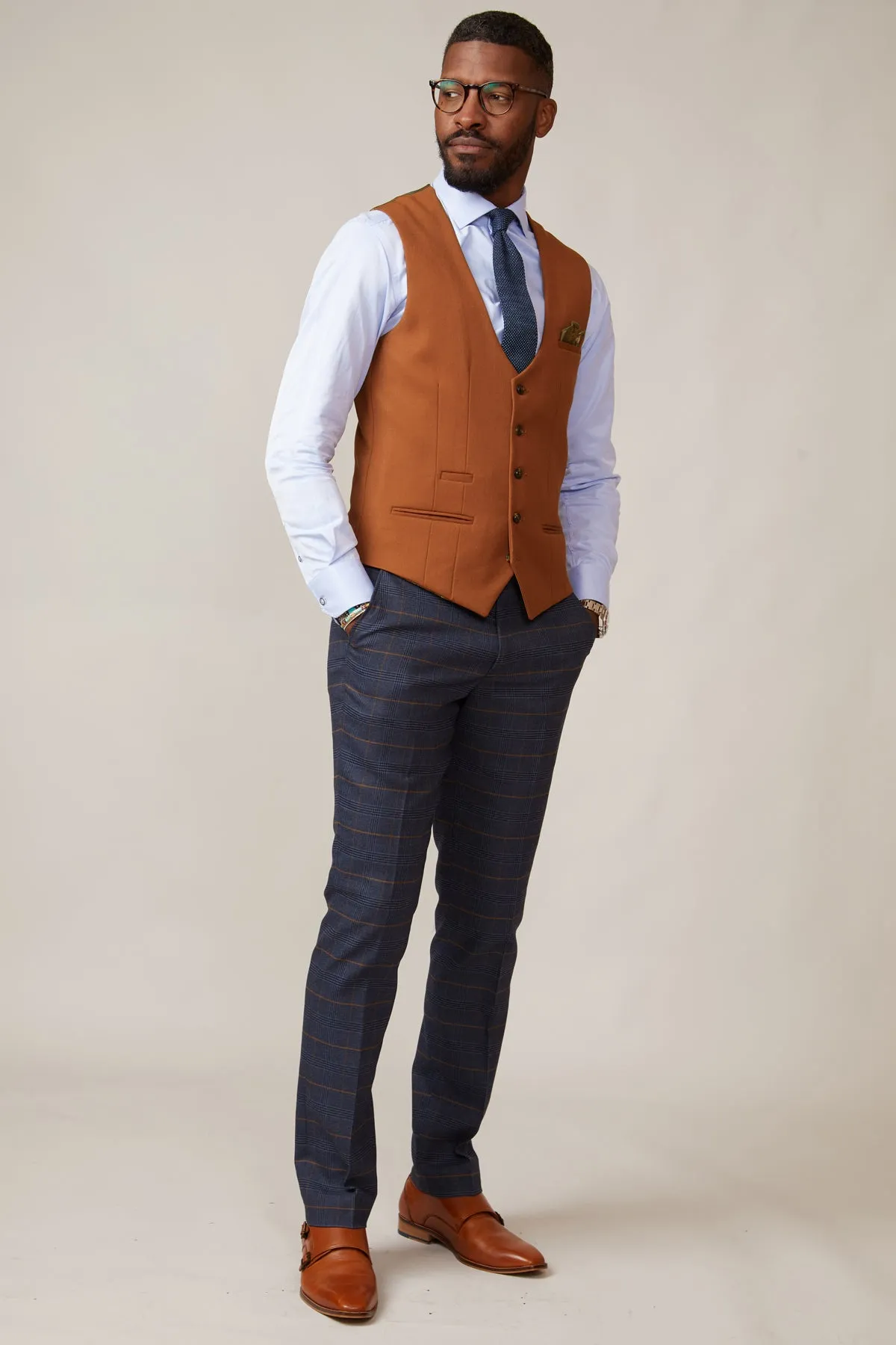 JENSON - Marine Navy Check Suit With Kelvin Tan Waistcoat