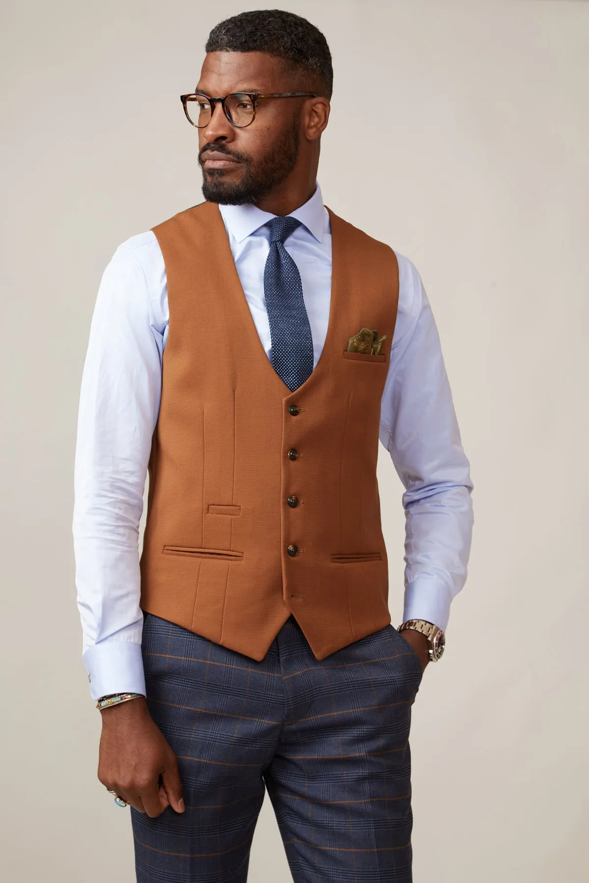 JENSON - Marine Navy Check Suit With Kelvin Tan Waistcoat