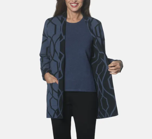 J'Envie - Geometric Print Open Reversible Cardigan in Indigo and Black