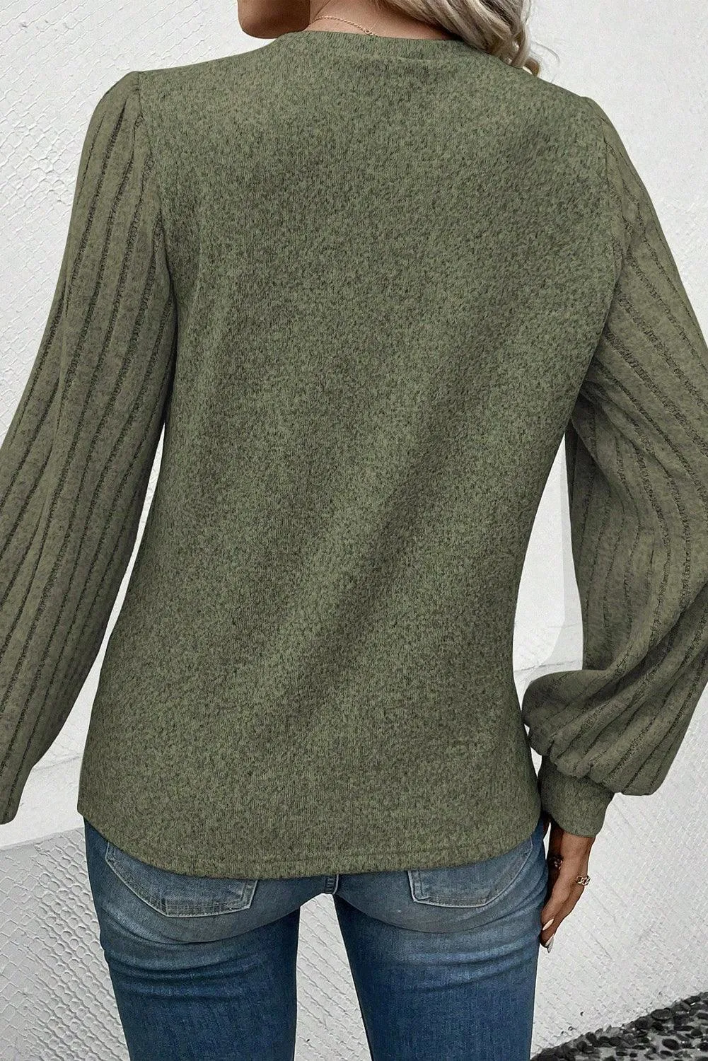 Jungle Green Ribbed Knit Long Sleeve Top