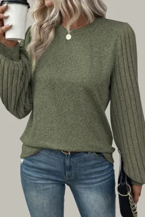 Jungle Green Ribbed Knit Long Sleeve Top