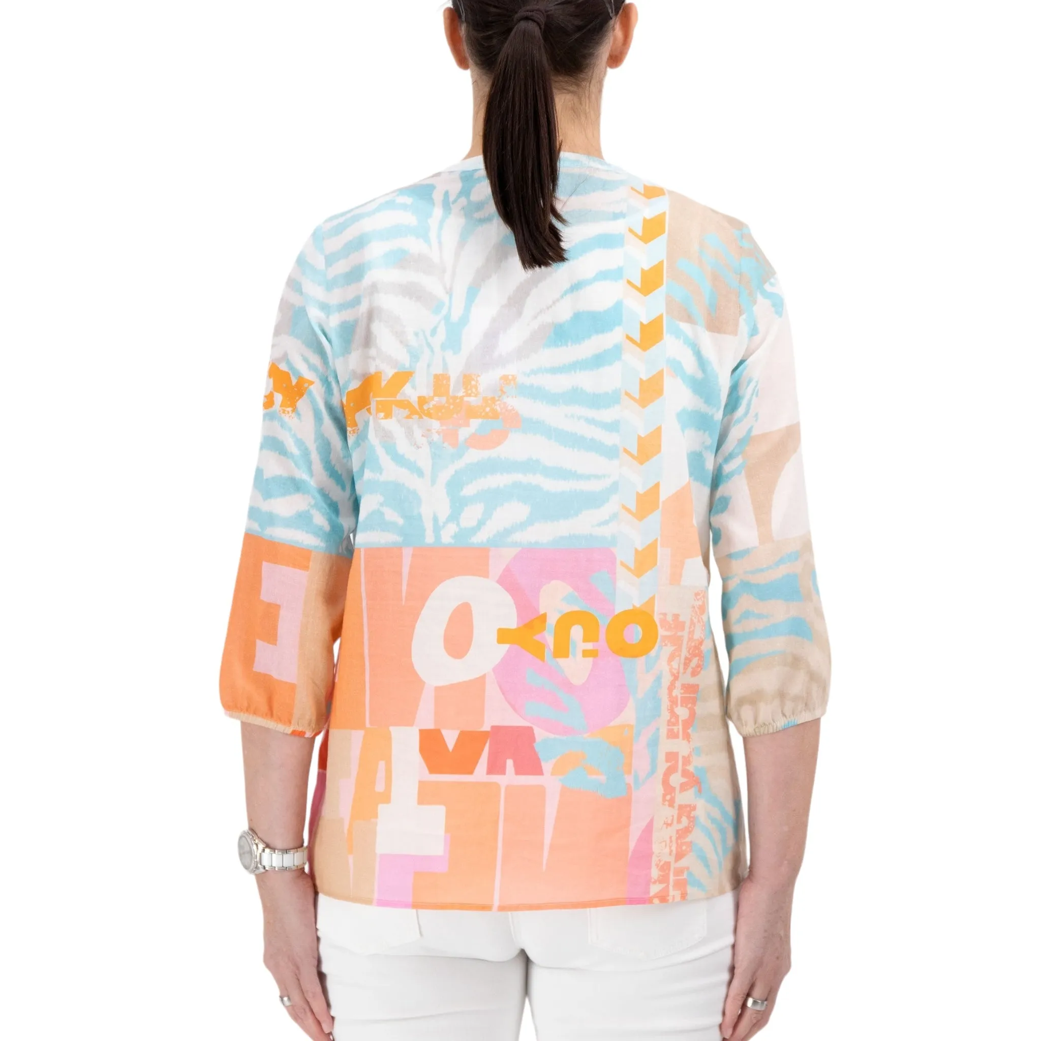 Just White Long Printed Blouse Aqua