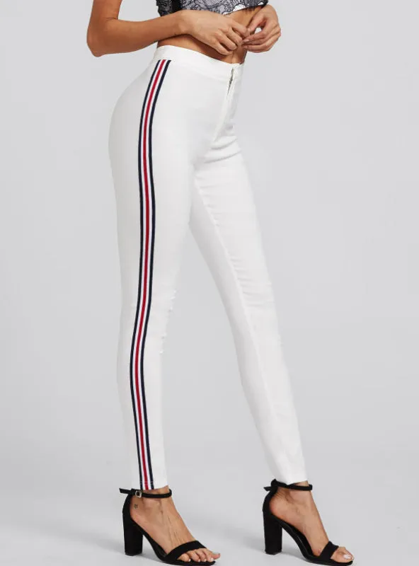 Ladies Side Striped Skinny Pants High Waist Workwear