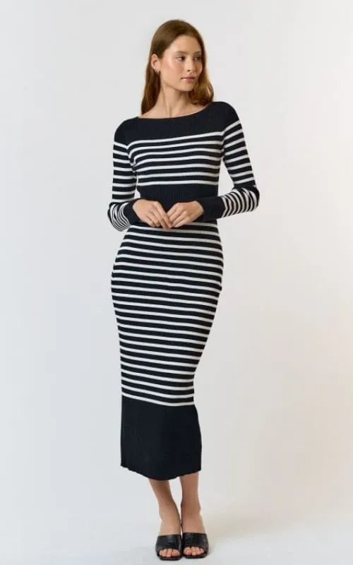 Lalavon- Stripe Boat Neck Knit Maxi Dress