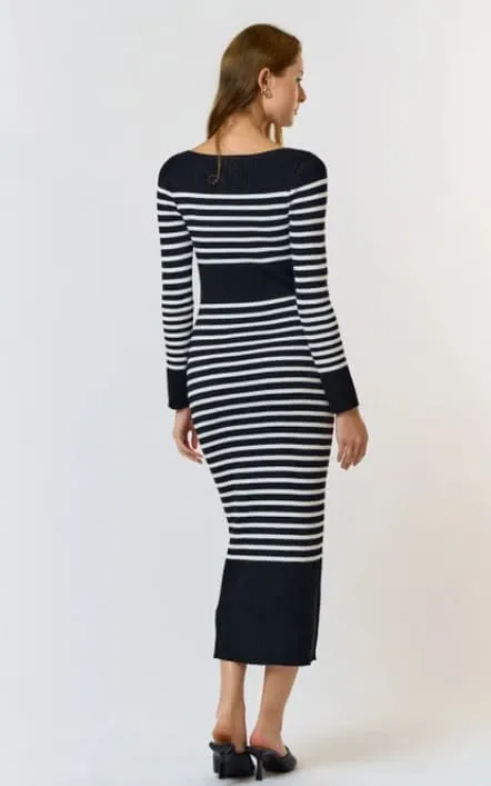 Lalavon- Stripe Boat Neck Knit Maxi Dress