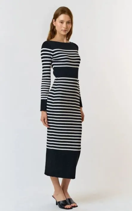 Lalavon- Stripe Boat Neck Knit Maxi Dress