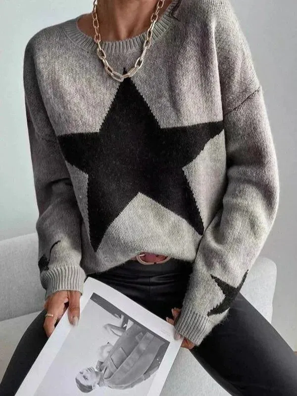 Large Single Star Gray Long Sleeve Sweater