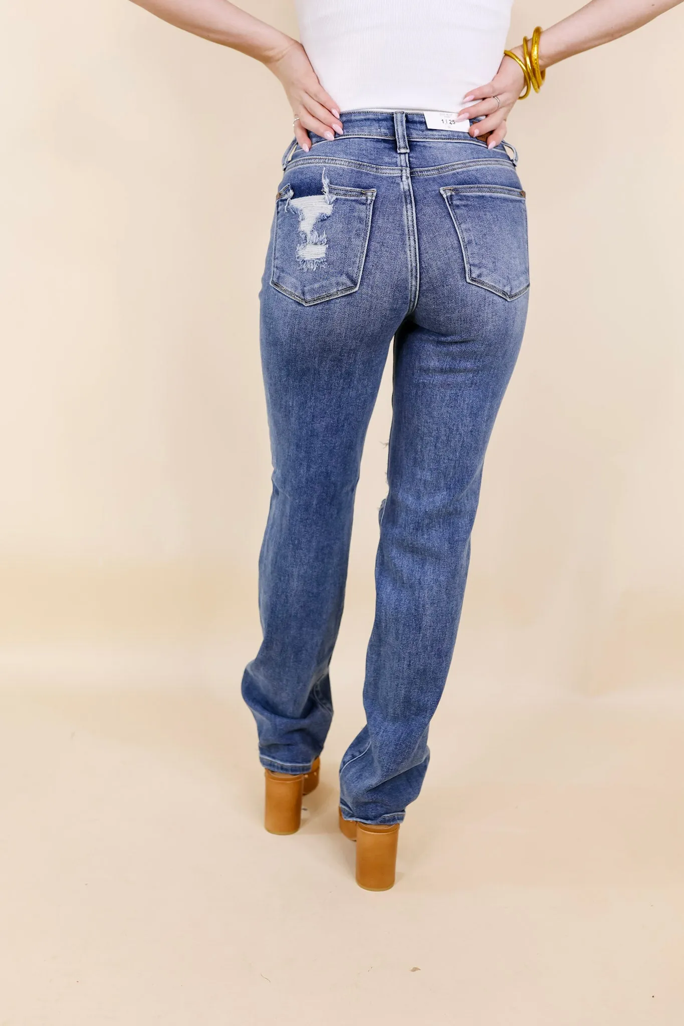 Last Chance Size 0, 20W, 22W & 24W | Judy Blue | Making Mischief Distressed Straight Leg Jeans in Medium Wash