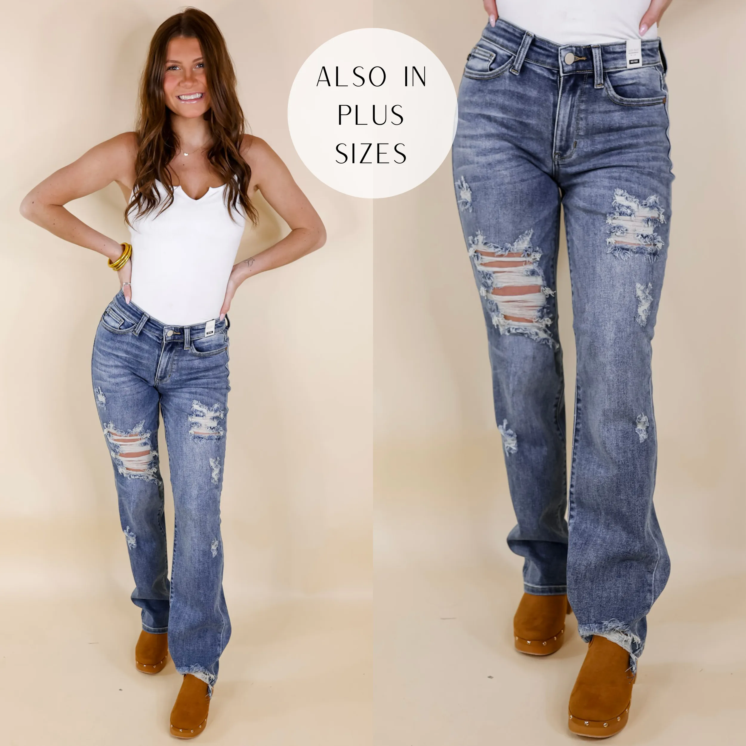 Last Chance Size 0, 20W, 22W & 24W | Judy Blue | Making Mischief Distressed Straight Leg Jeans in Medium Wash