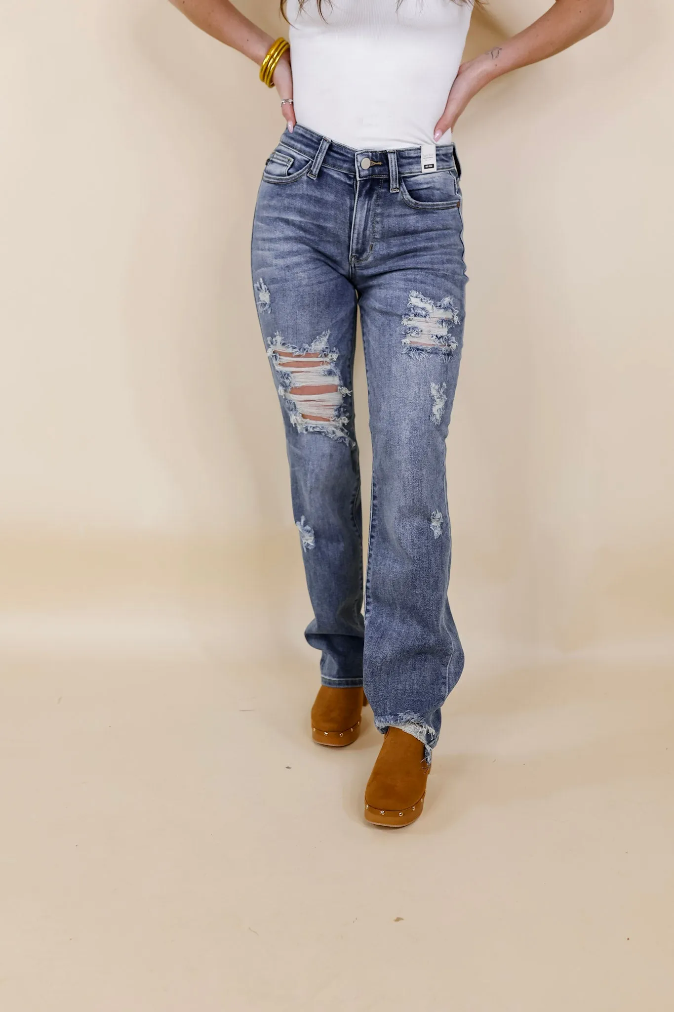 Last Chance Size 0, 20W, 22W & 24W | Judy Blue | Making Mischief Distressed Straight Leg Jeans in Medium Wash