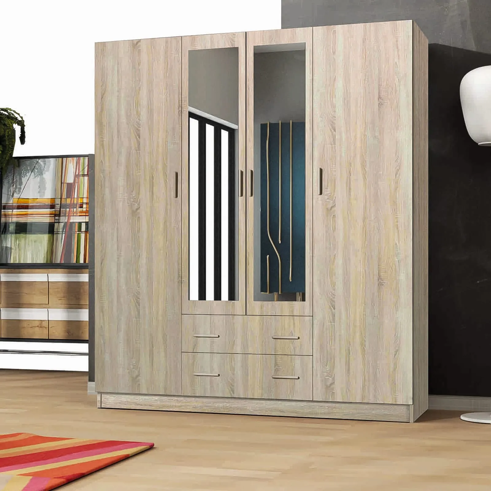 London 4-Door Wardrobe - Spacious and Elegant with Mirror Finish