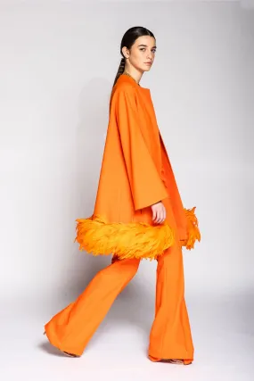 Long-Sleeved Jacket with Feathers and Flared Pants