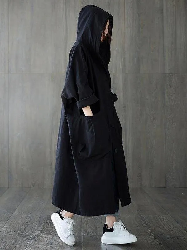 Loose Big Pocket Hooded Long Coat