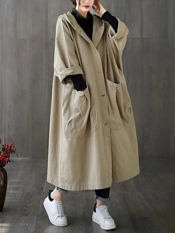 Loose Big Pocket Hooded Long Coat