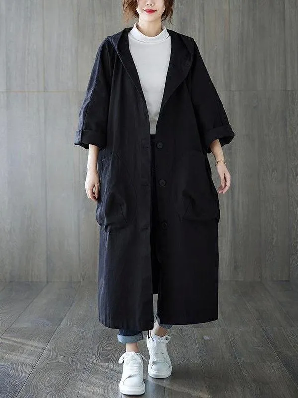 Loose Big Pocket Hooded Long Coat