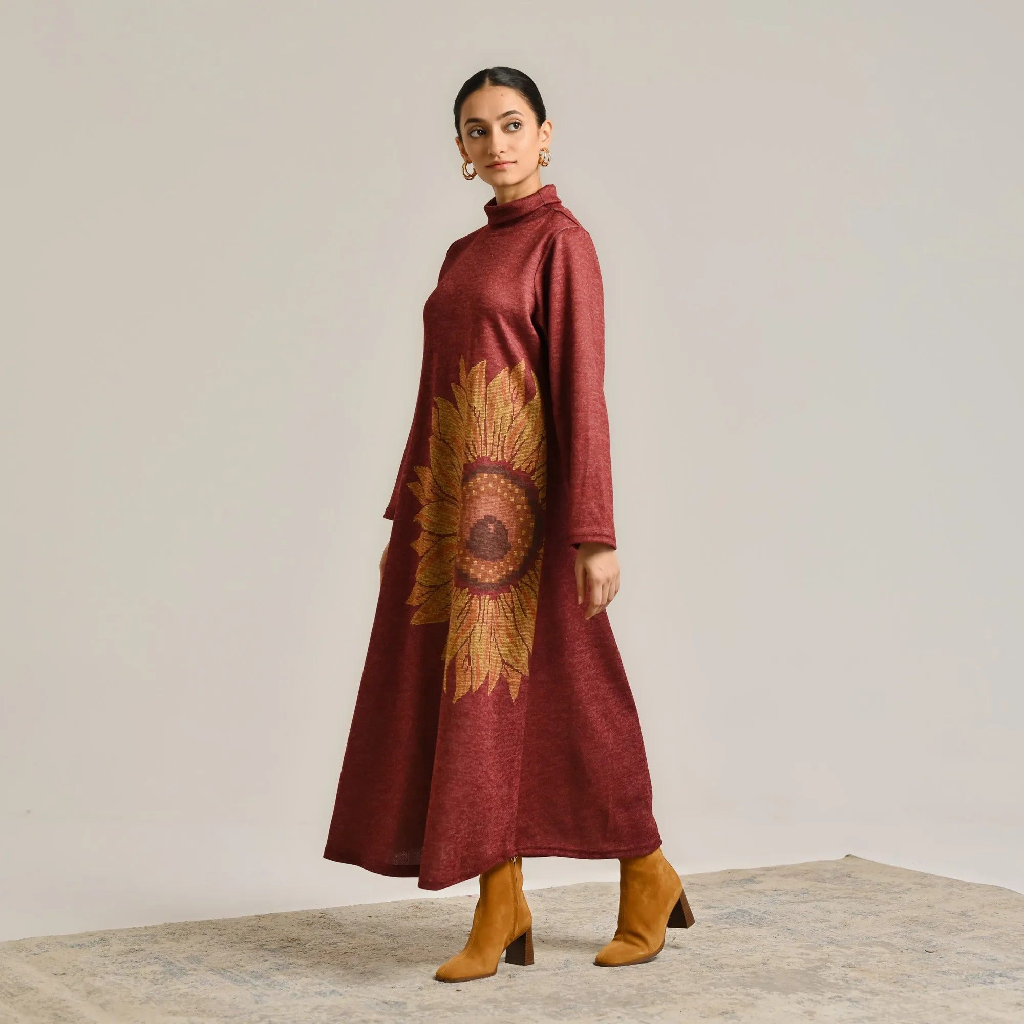 Maroon Sunflower Statement Woollen Winter Dress