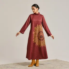 Maroon Sunflower Statement Woollen Winter Dress