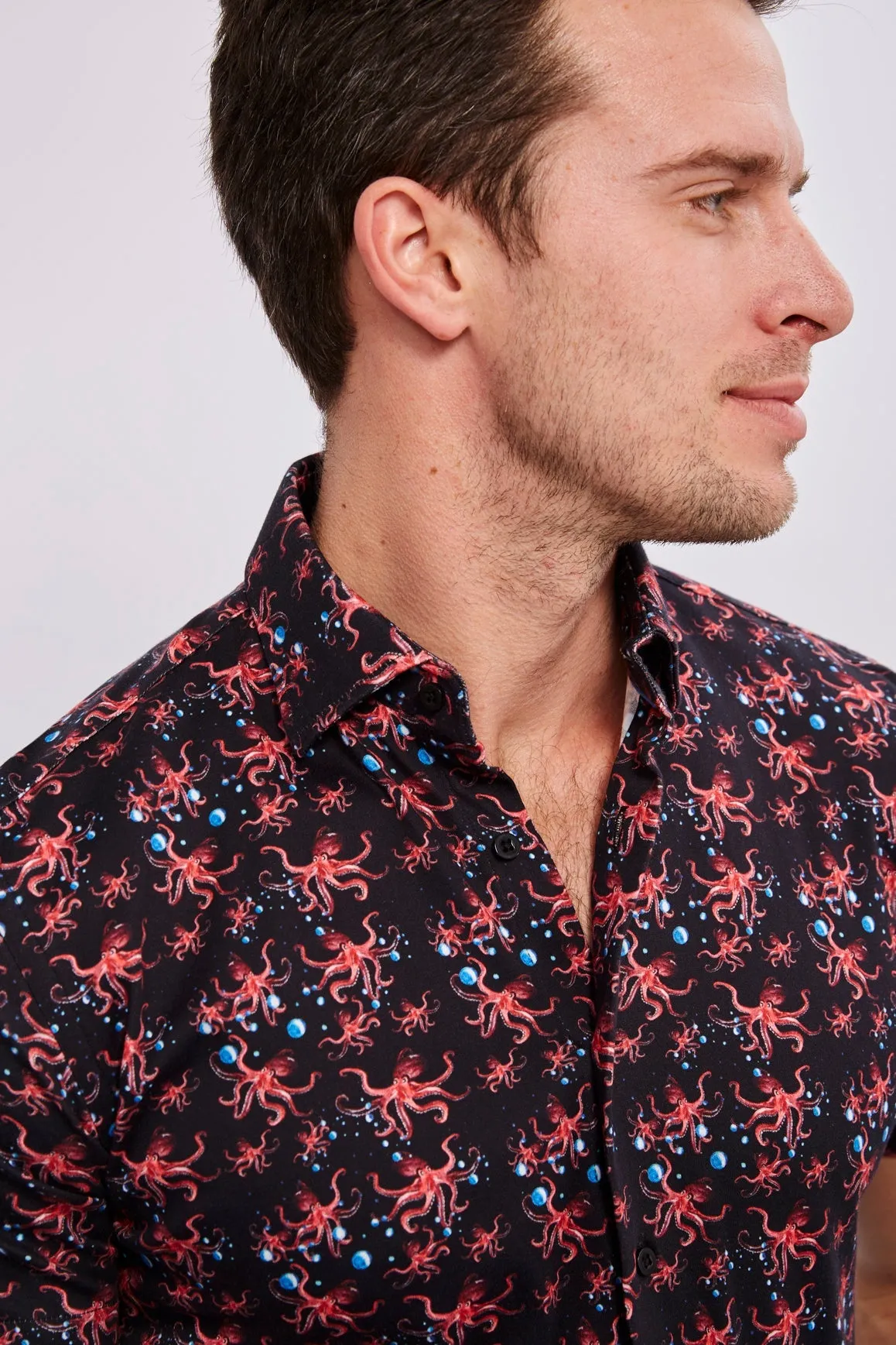 Max Colton Black with red Octopus and Blue Bubbles Short Sleeve Shirt