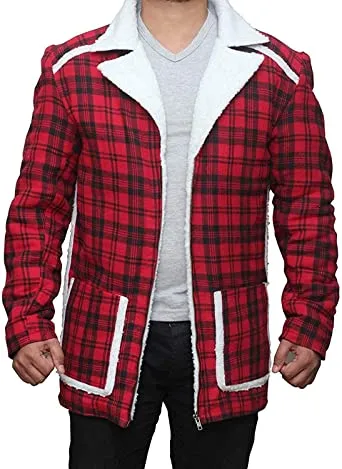 Men Red Flannel Shearling Jacket