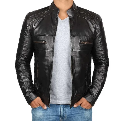 Men's Lambskin Black Leather Cafe Racer Jacket