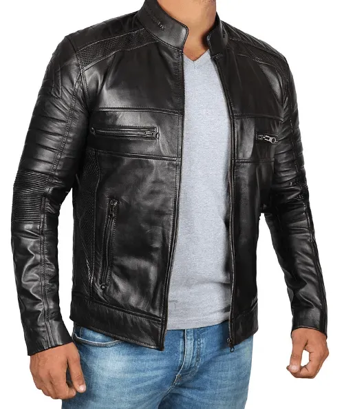 Men's Lambskin Black Leather Cafe Racer Jacket