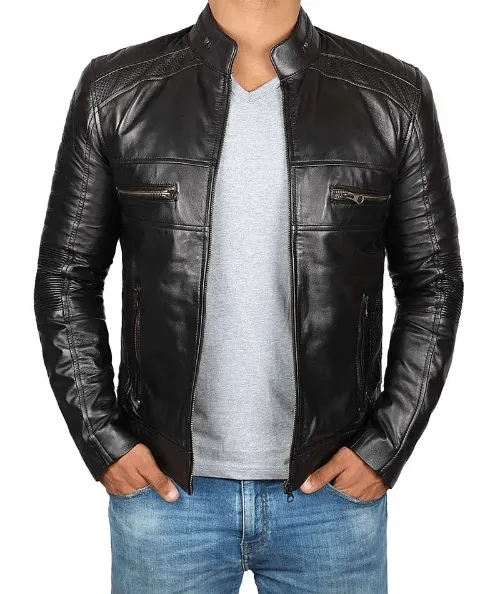 Men's Lambskin Black Leather Cafe Racer Jacket