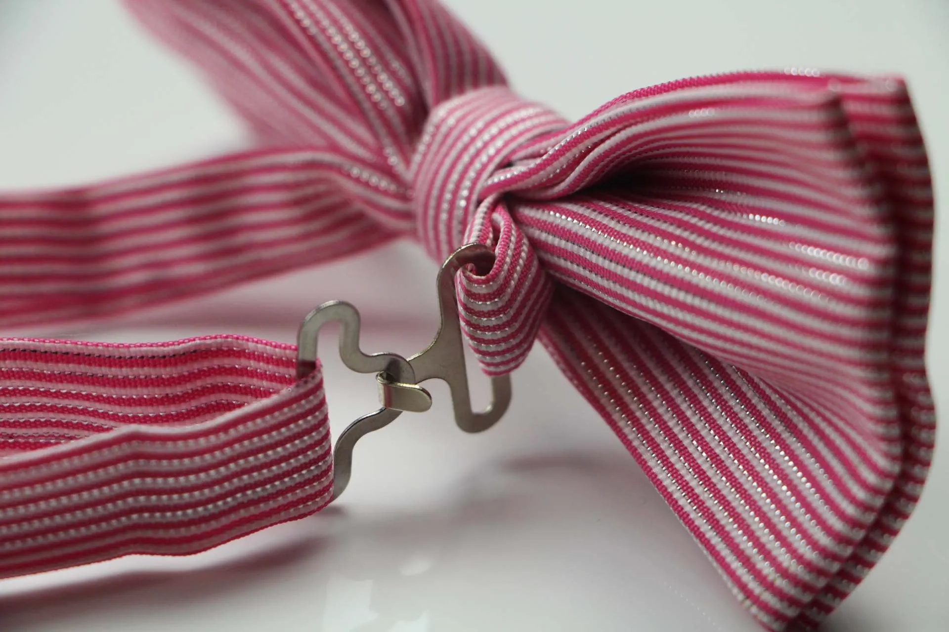 Mens Pink & White Horizontal Stripe With Silver Patterned Bow Tie