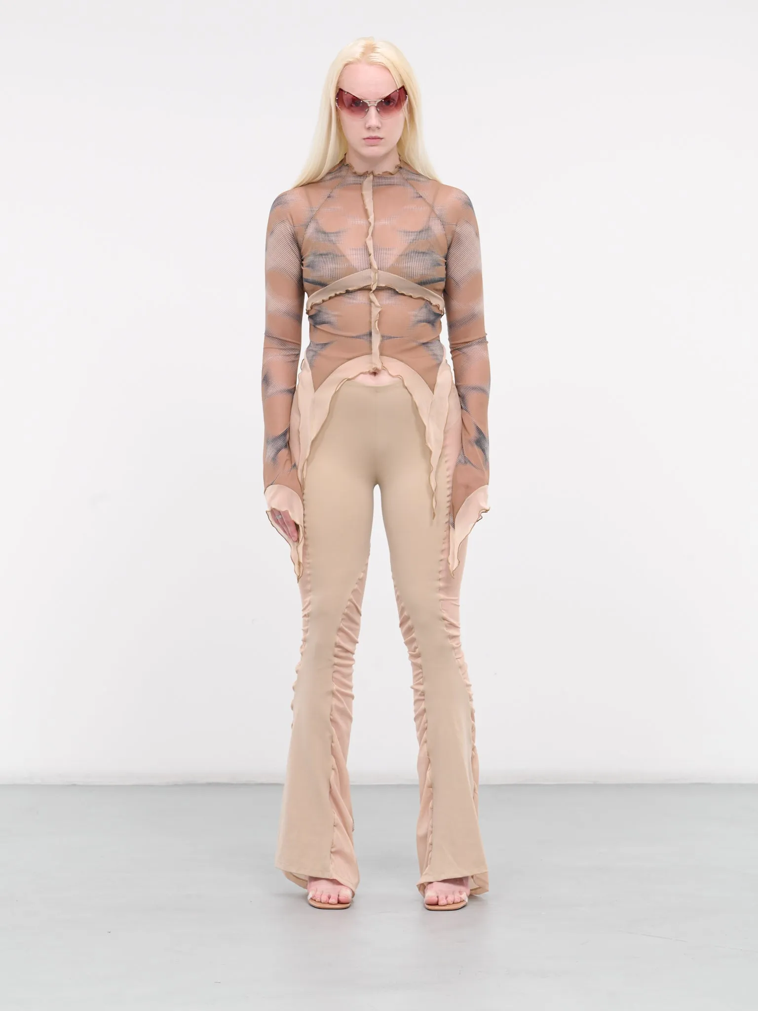 Mesh Paneled Flare Trousers (WV08-OATMEAL-W-PRINT)