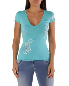 Met Sweet Rhinestone Feather TShirt Turquoise