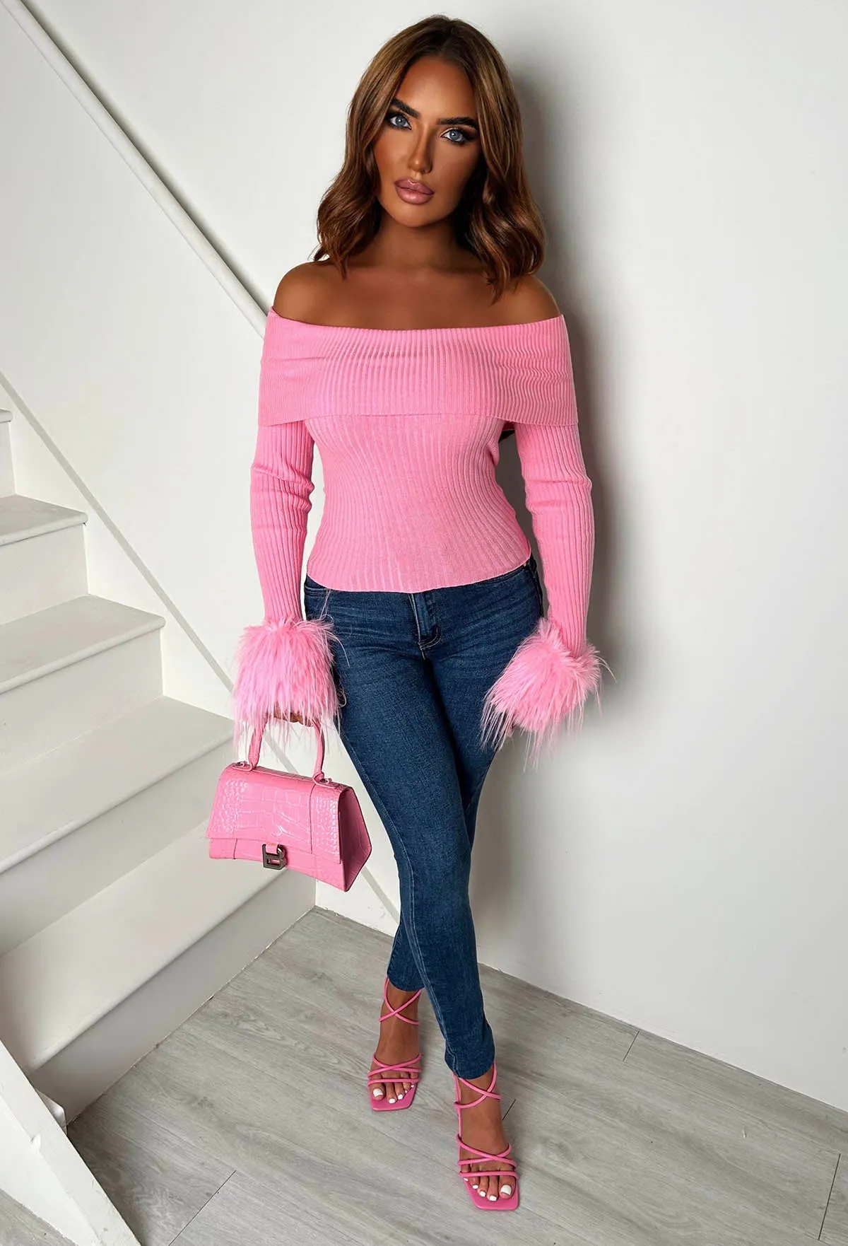 Midnight Muse Baby Pink Off The Shoulder Faux Fur Cuff Jumper