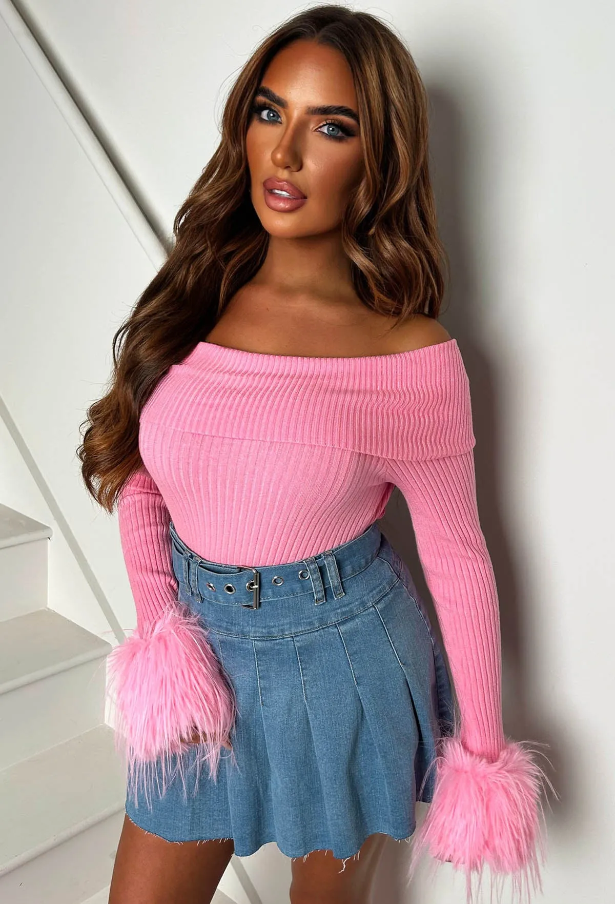 Midnight Muse Baby Pink Off The Shoulder Faux Fur Cuff Jumper