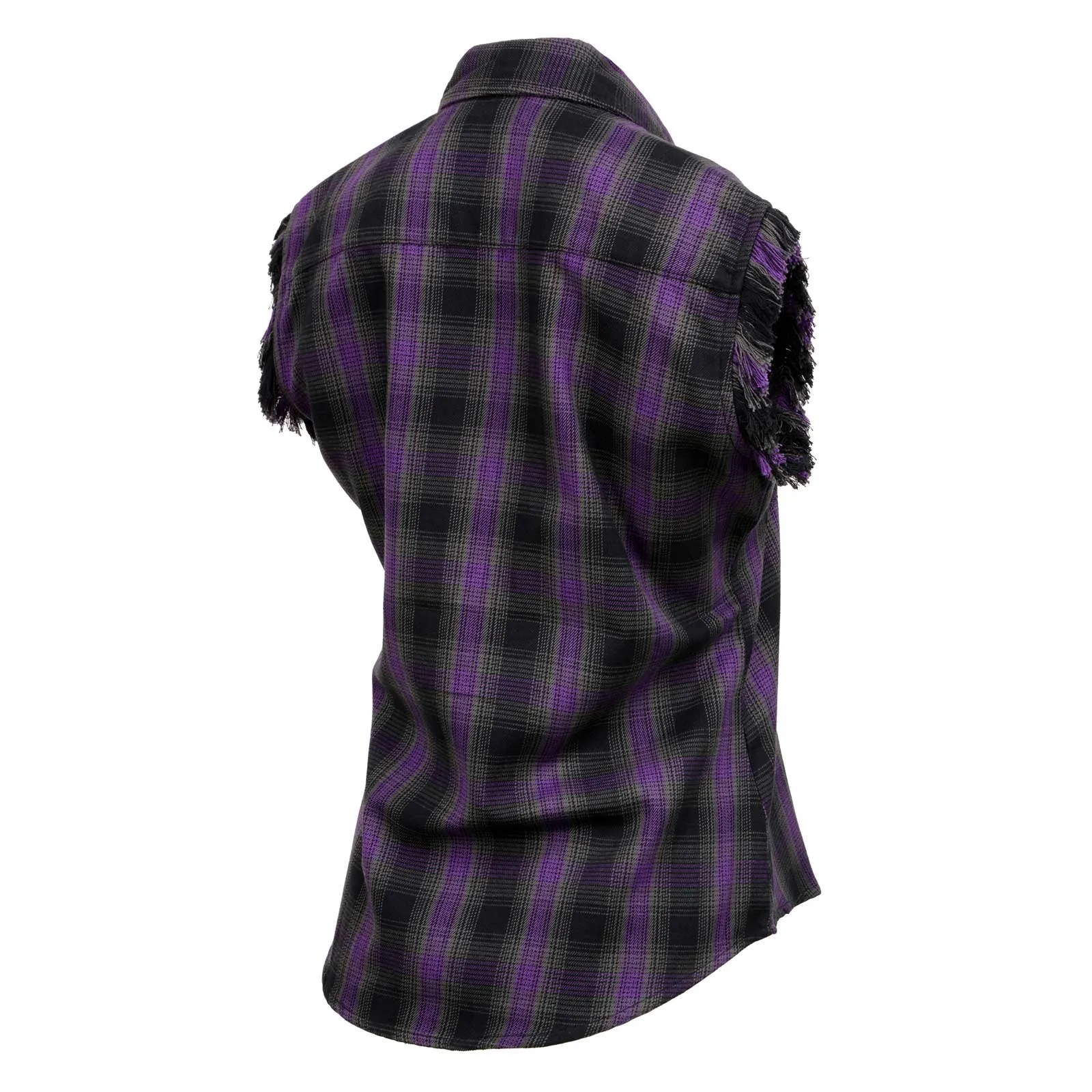 Milwaukee Leather MNG21624 Women's Flannel Black/Purple Button Down Sleeveless Cut Off Shirt w/ Frill Arm