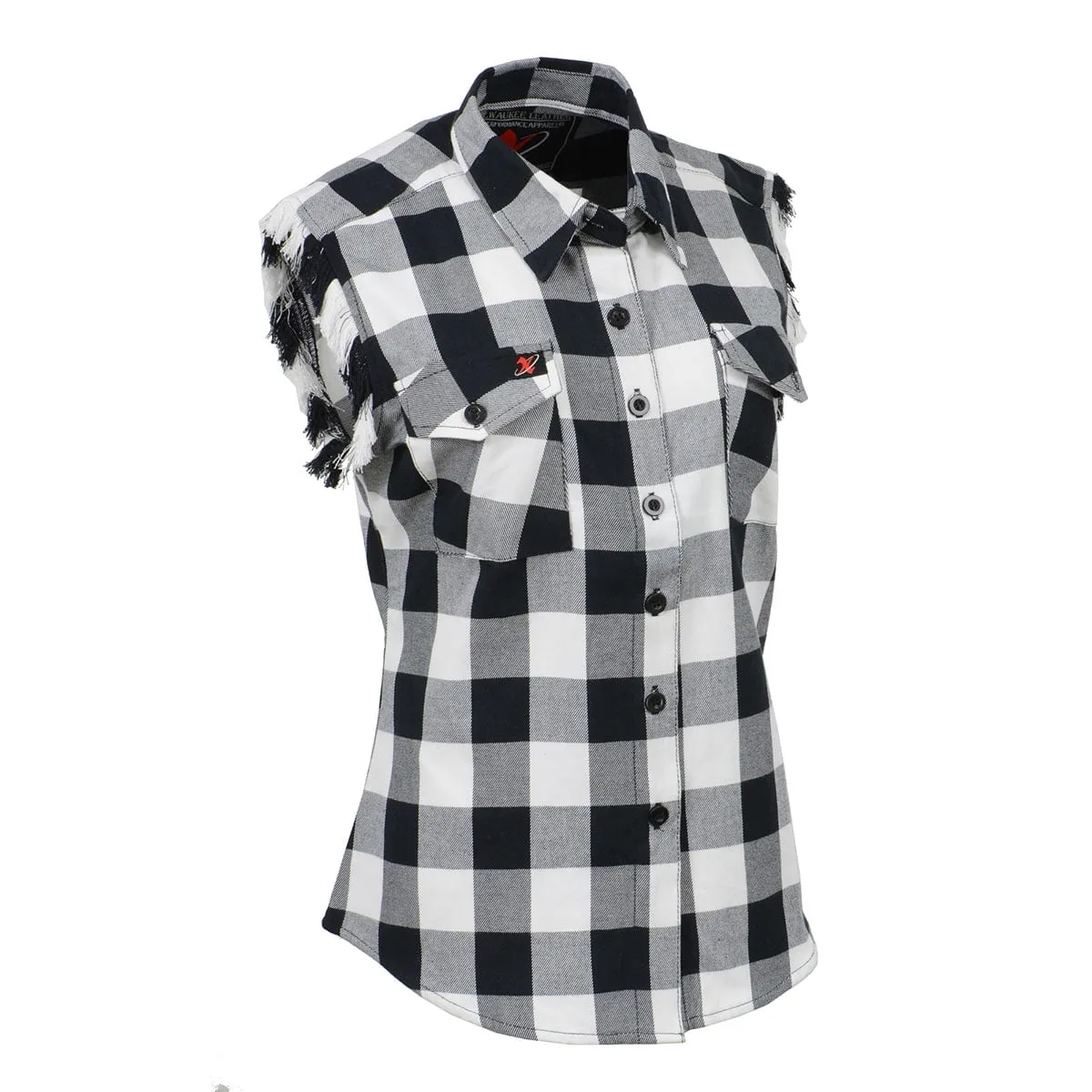 Milwaukee Leather MNG21625 Women's Flannel Down Sleeveless Shirt w/ Button Black / White & Cut Off Frill Arm Hole