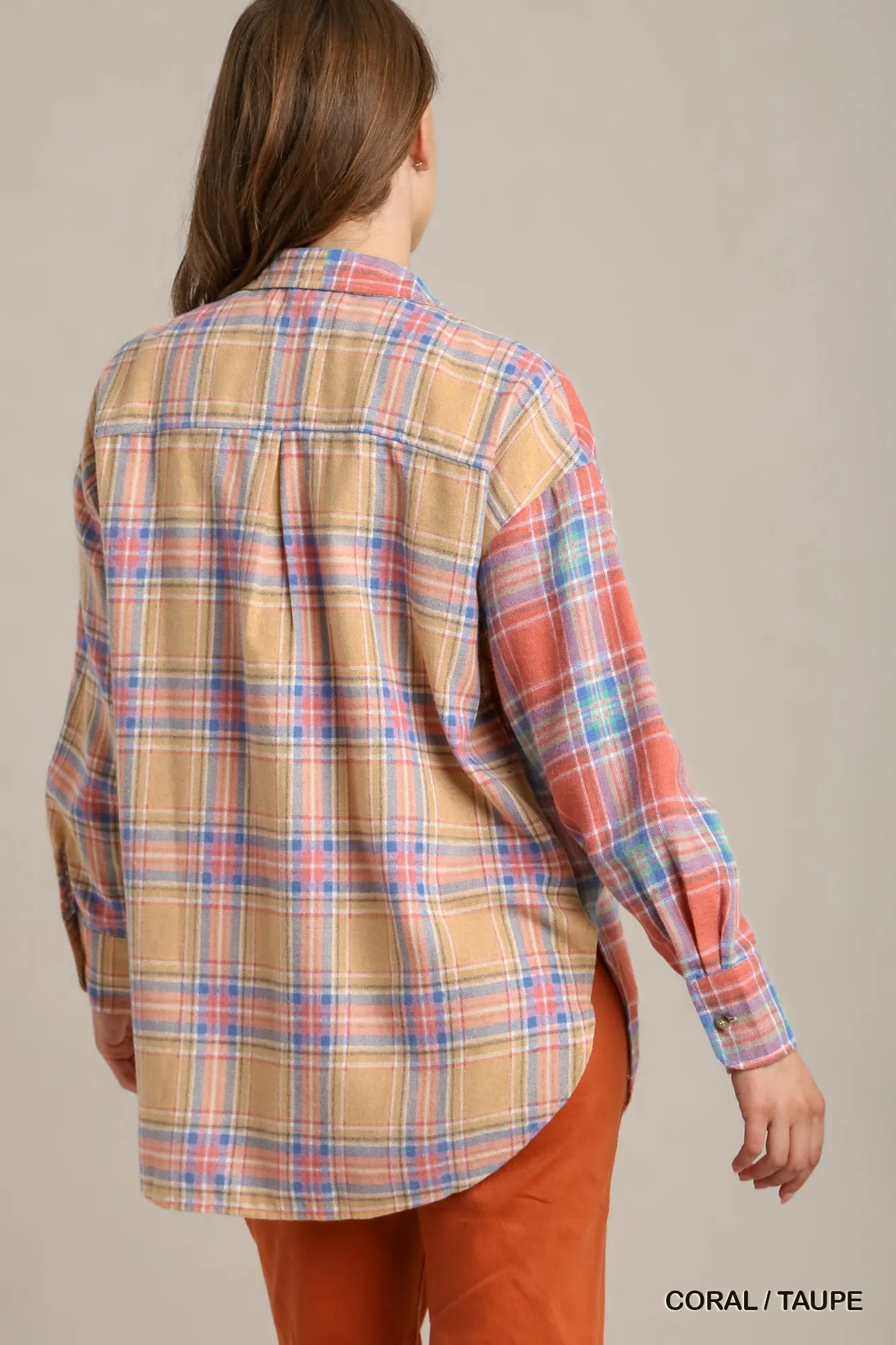 Mixed Plaid Boxy Cut Button Down Flannel With Front Pocket - 2 colors