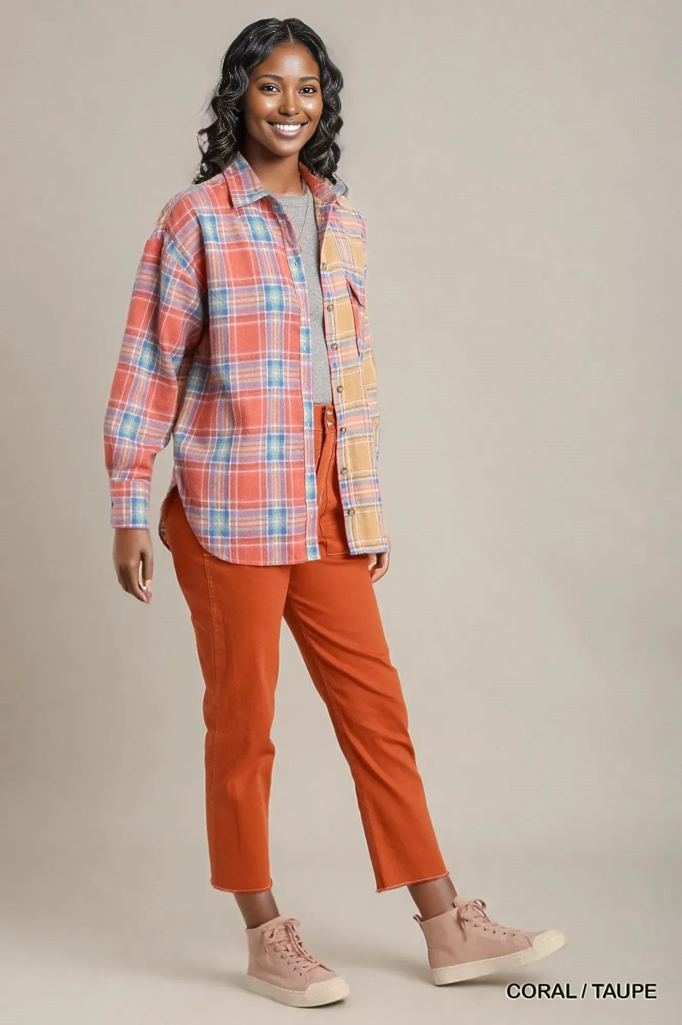 Mixed Plaid Boxy Cut Button Down Flannel With Front Pocket - 2 colors