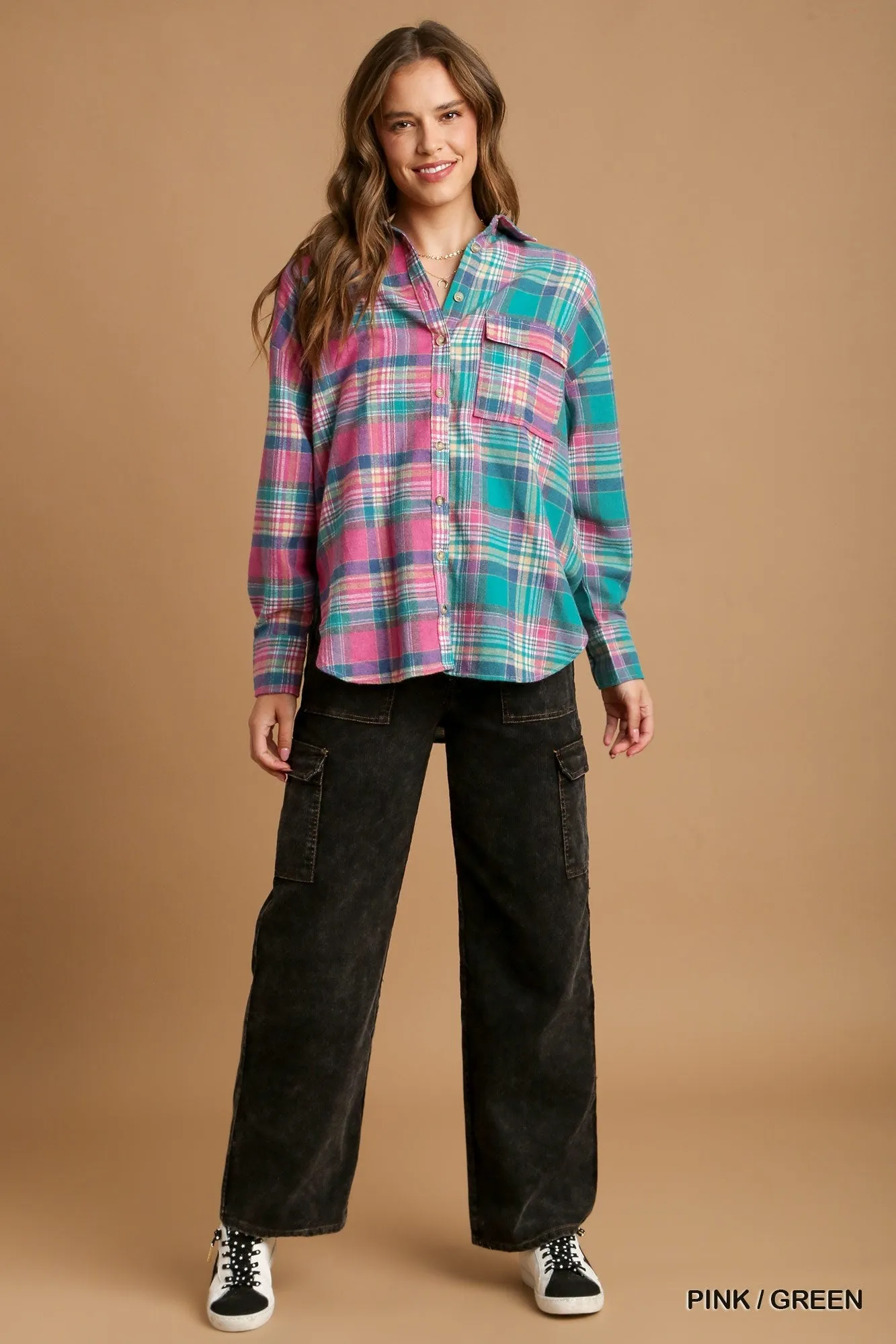 Mixed Plaid Boxy Cut Button Down Flannel With Front Pocket - 2 colors