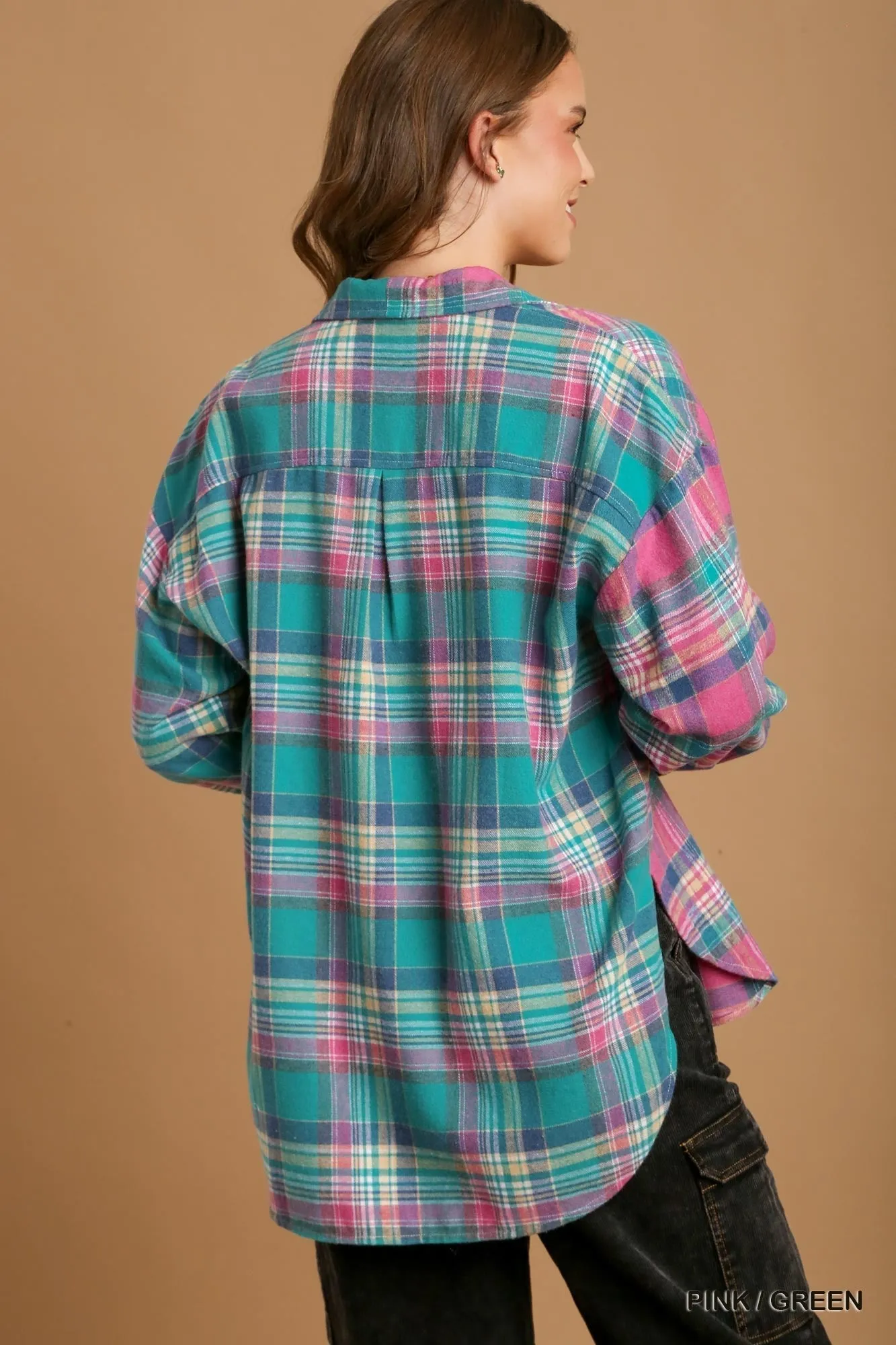 Mixed Plaid Boxy Cut Button Down Flannel With Front Pocket - 2 colors