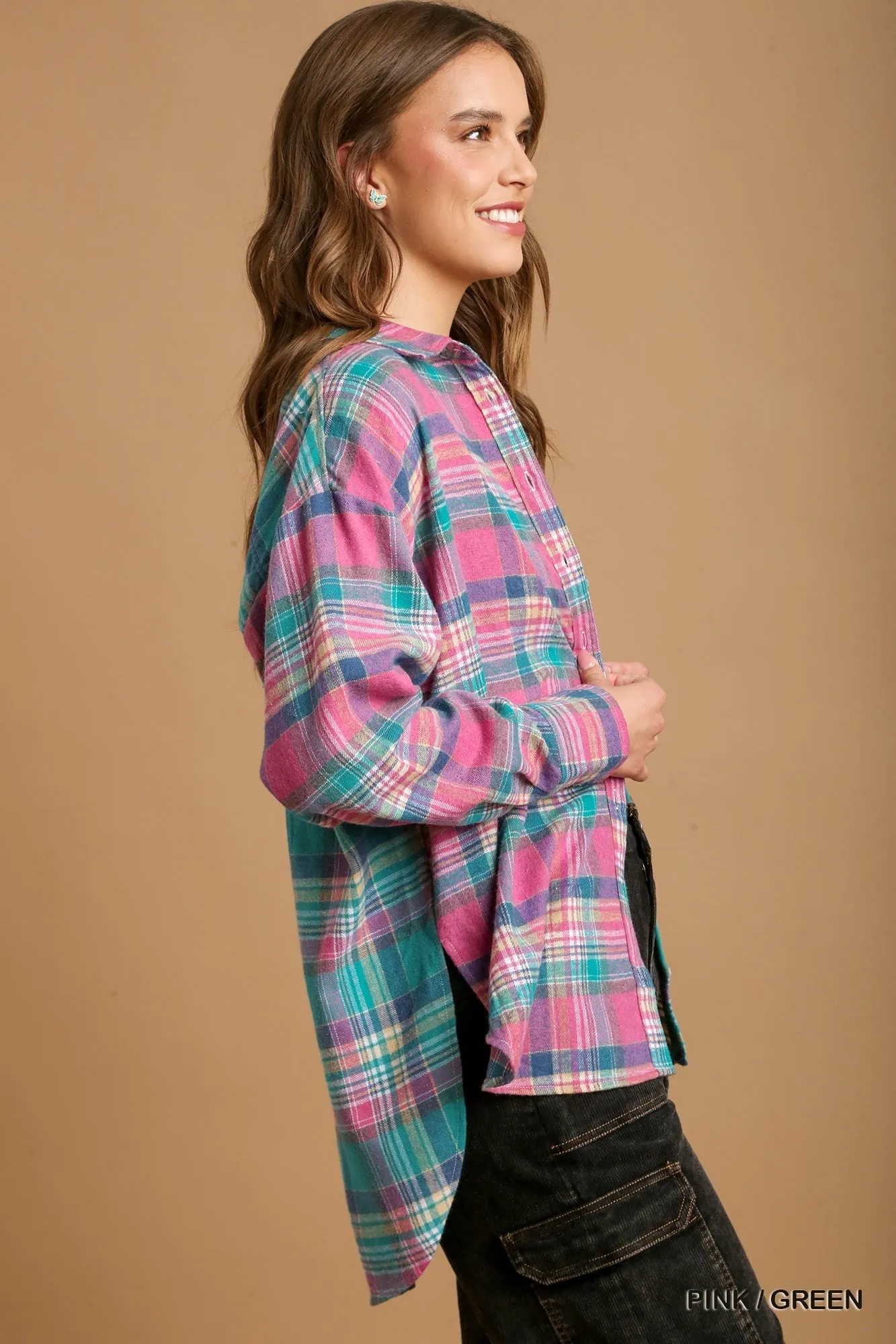 Mixed Plaid Boxy Cut Button Down Flannel With Front Pocket - 2 colors