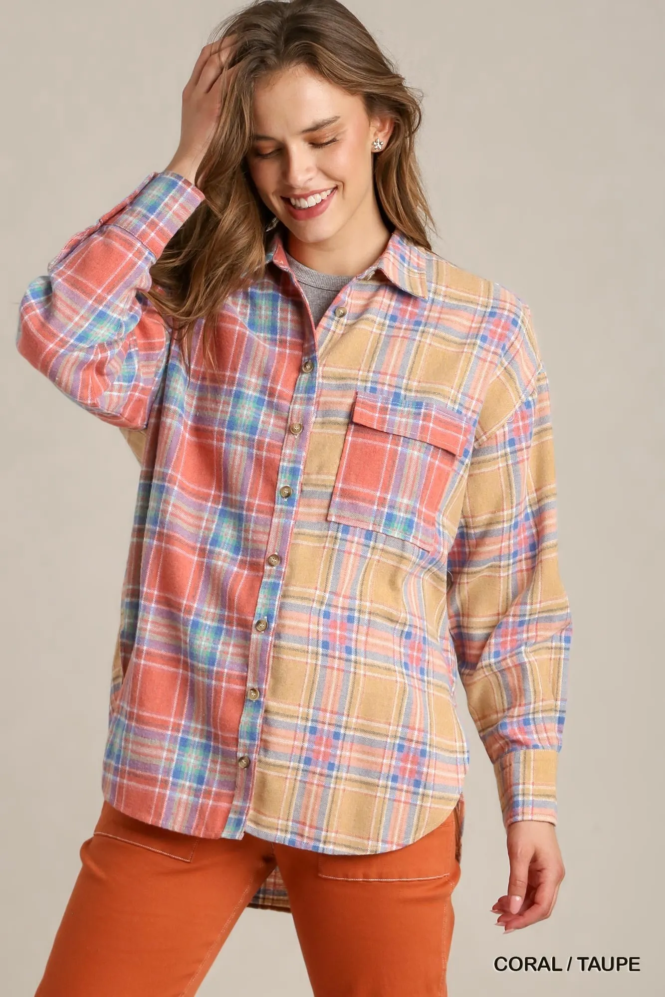 Mixed Plaid Boxy Cut Button Down Flannel With Front Pocket - 2 colors