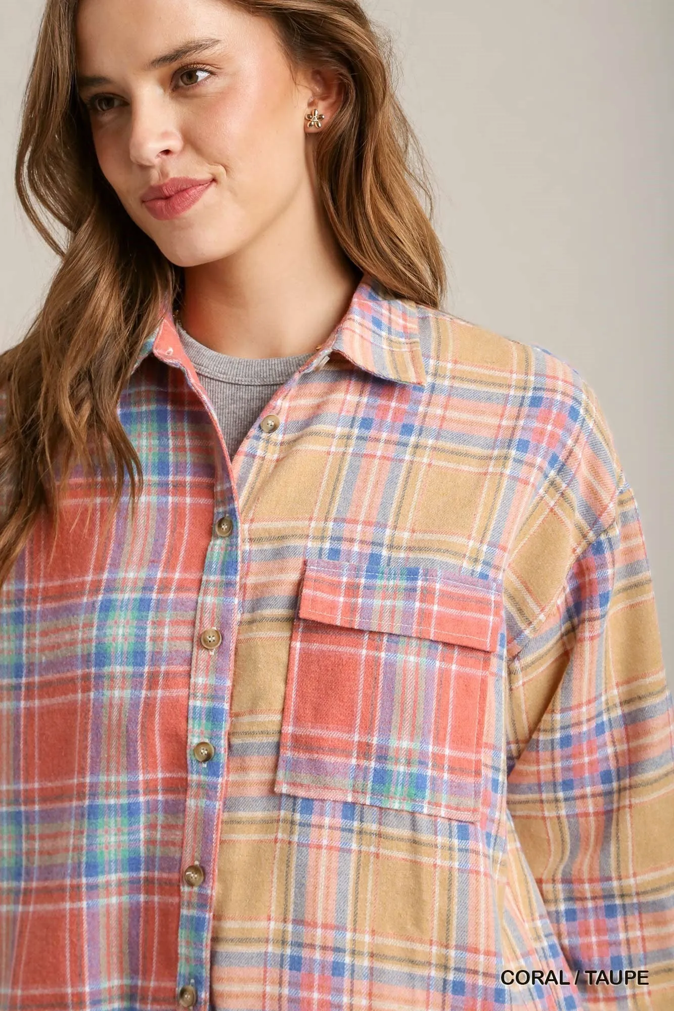 Mixed Plaid Boxy Cut Button Down Flannel With Front Pocket - 2 colors