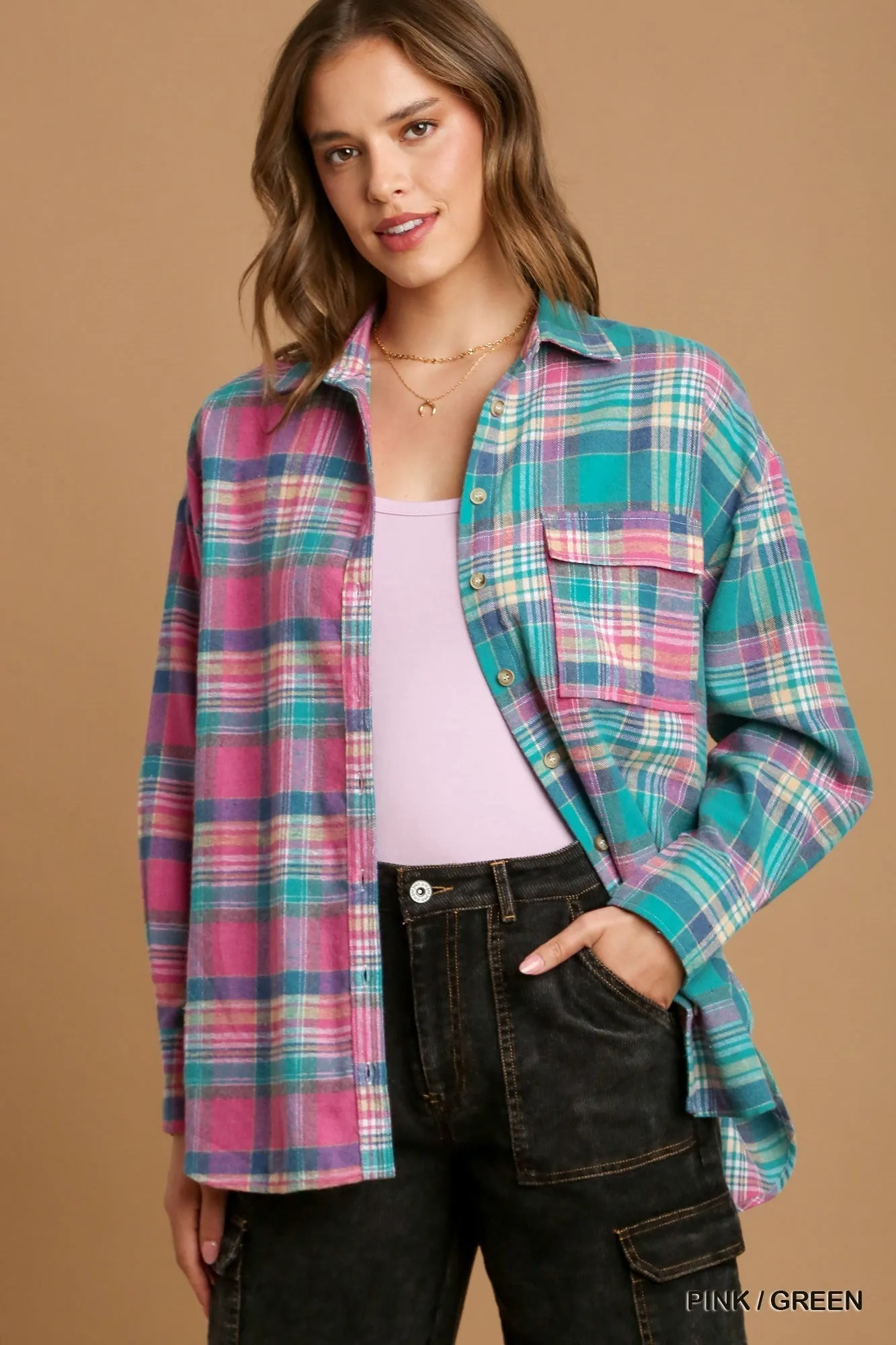 Mixed Plaid Boxy Cut Button Down Flannel With Front Pocket - 2 colors