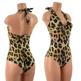 Monroe Style Halter Romper with Siren Cut Leg in Leopard Print