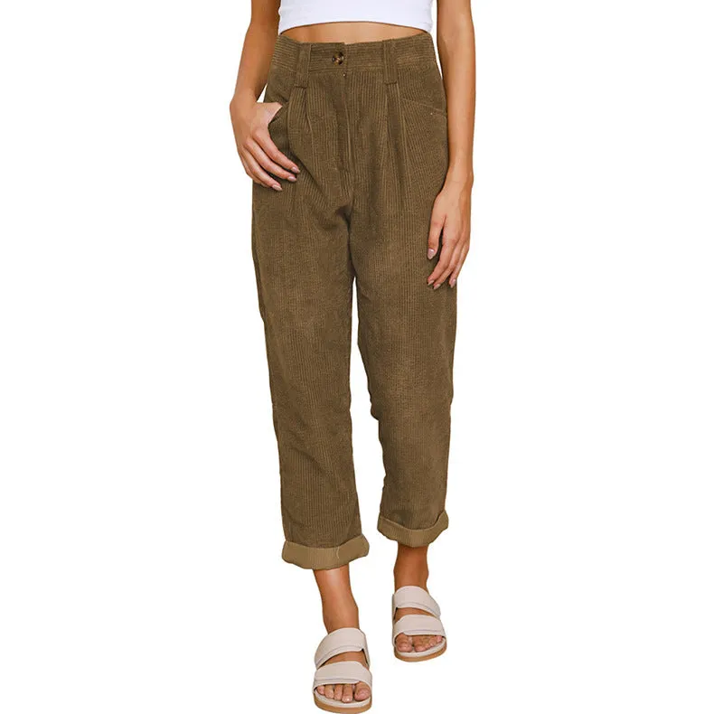 New women's high waist casual pants solid color loose straight corduroy pants