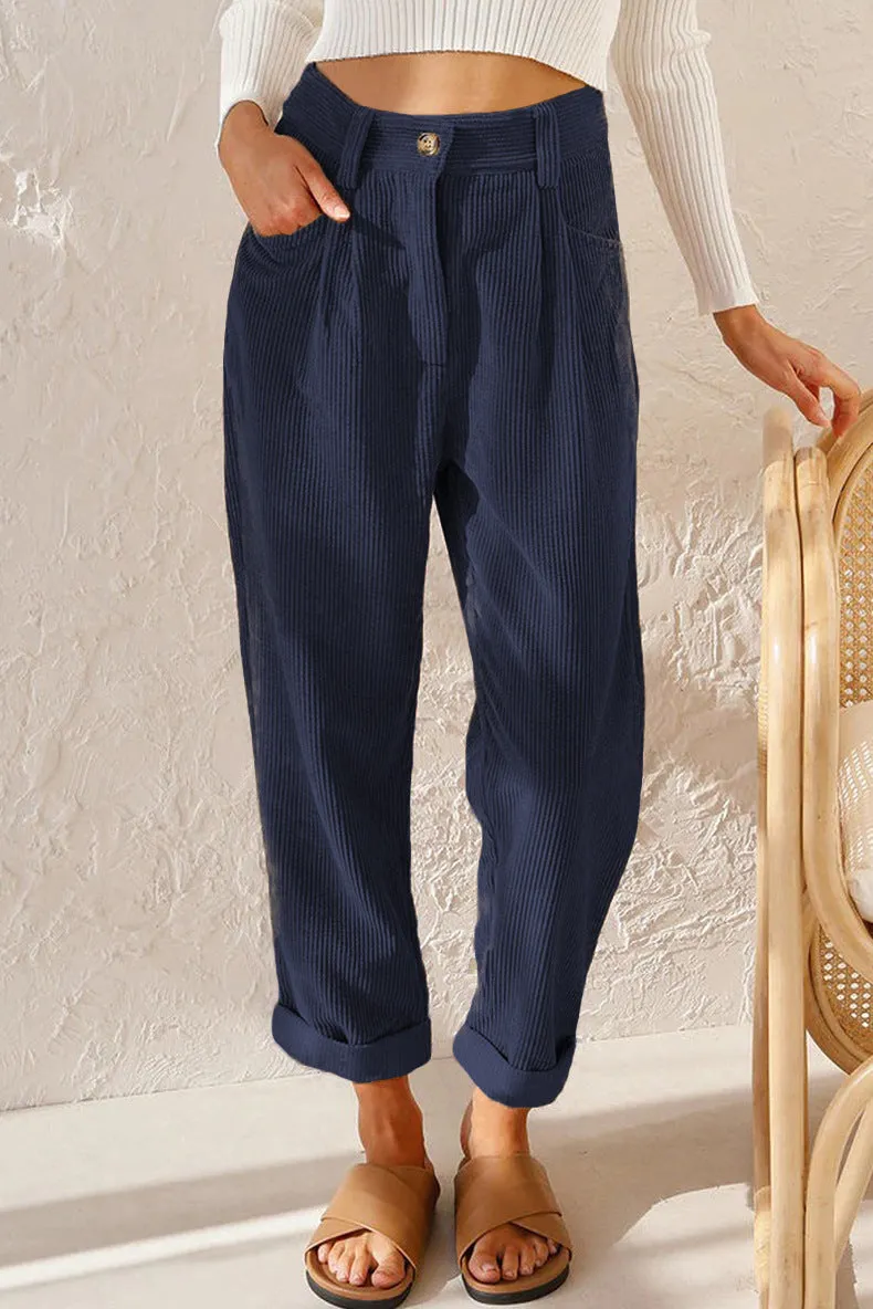 New women's high waist casual pants solid color loose straight corduroy pants