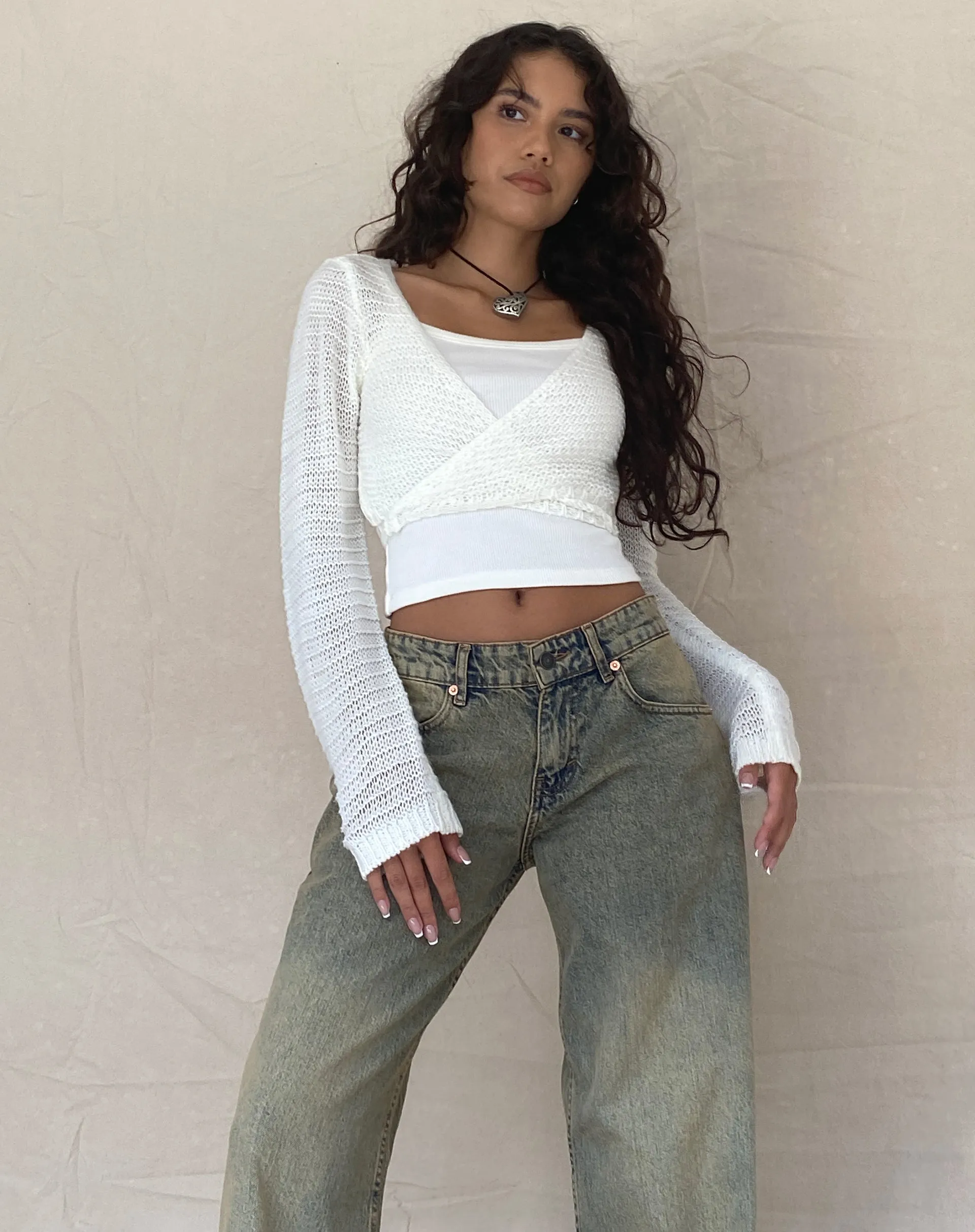 Nocta Long Sleeve Crop Top in Weave Knit Ivory