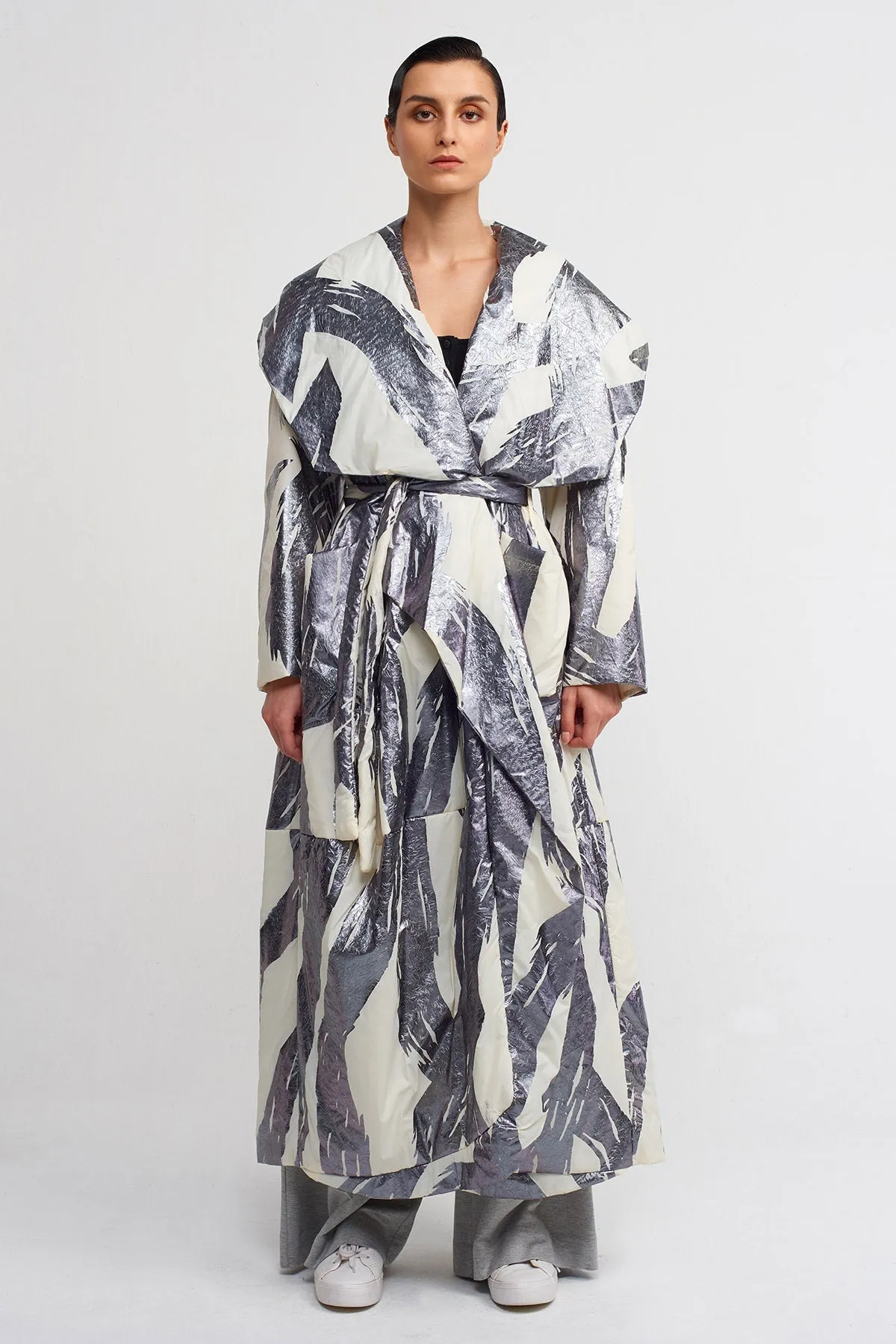 Nu Brush Print Long Trench Coat Dark Grey