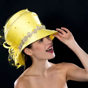 OE66521- Diamond trimmed yellow satin dress hat with dotted mesh