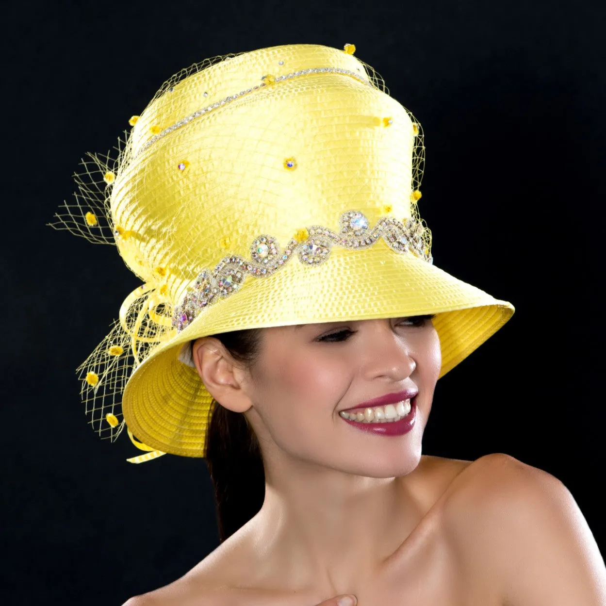 OE66521- Diamond trimmed yellow satin dress hat with dotted mesh