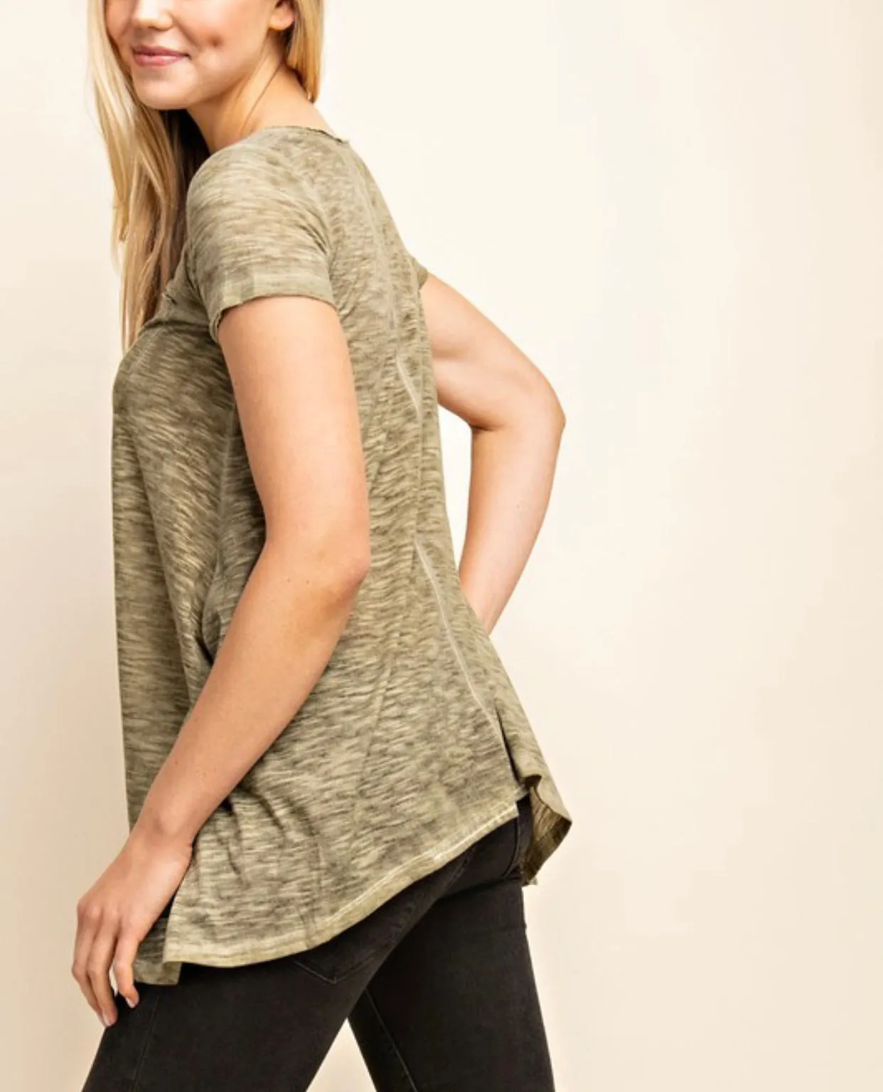 Olive Distressed Scoop Hem Knit Top