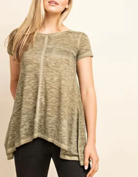 Olive Distressed Scoop Hem Knit Top